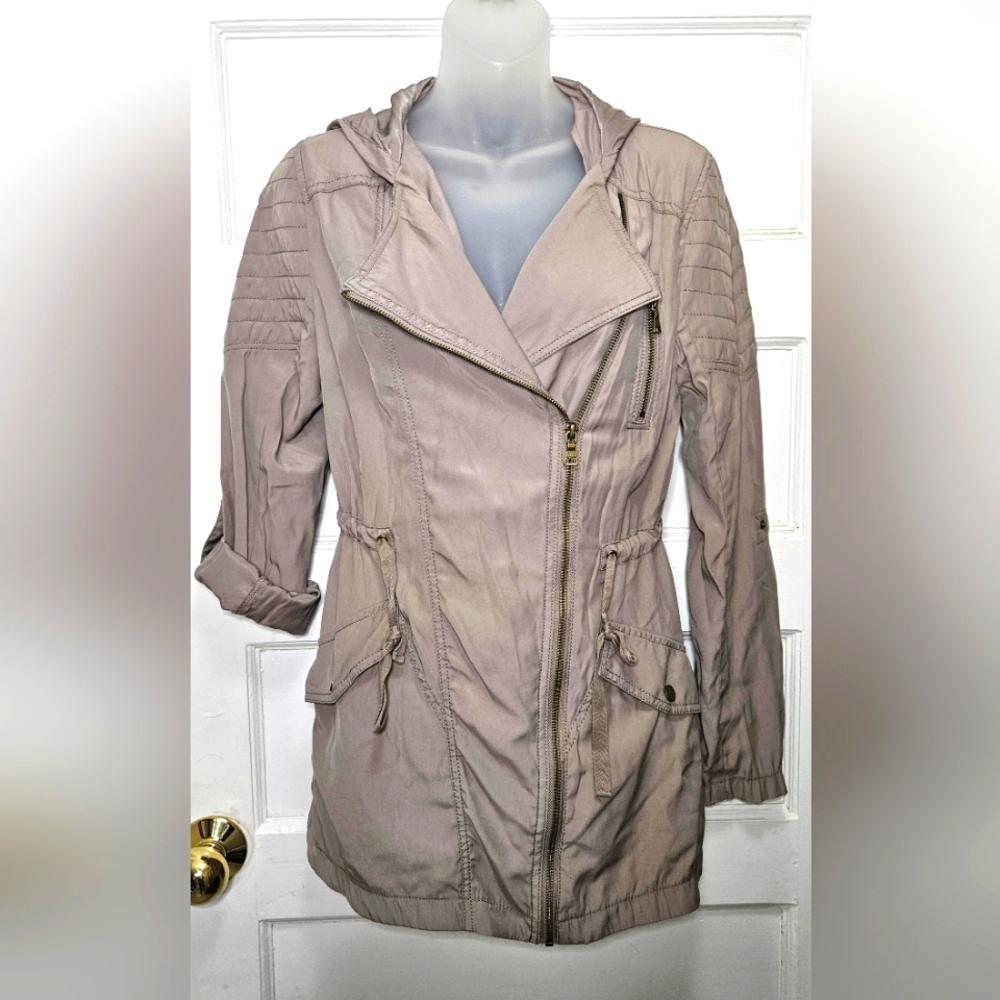 Express Light Weight Tan Asymeterical zip hooded Jacket Size XS